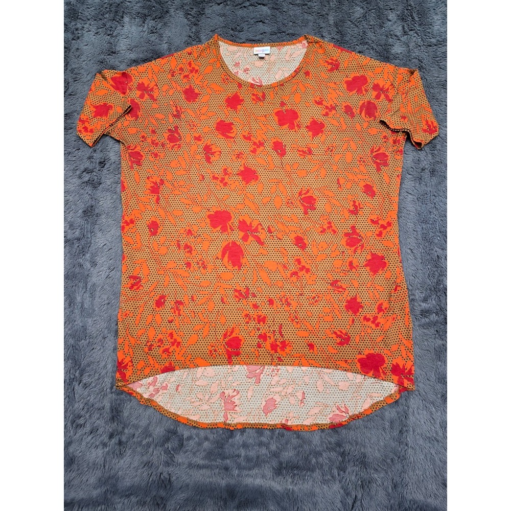 LuLaRoe Irma Tunic Top Medium Orange Red Floral Polka Dot High Low Short Sleeve